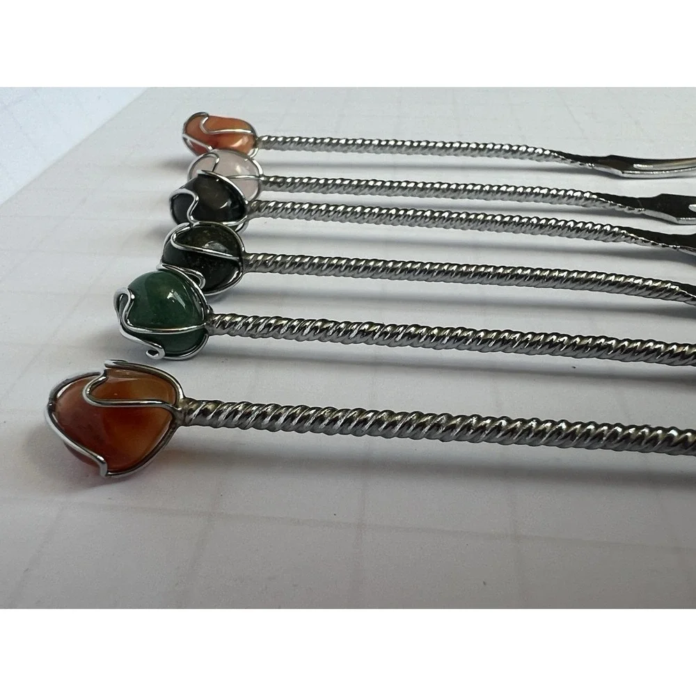 Vintage Cocktail Fork Set 6 Colored Stone Tops